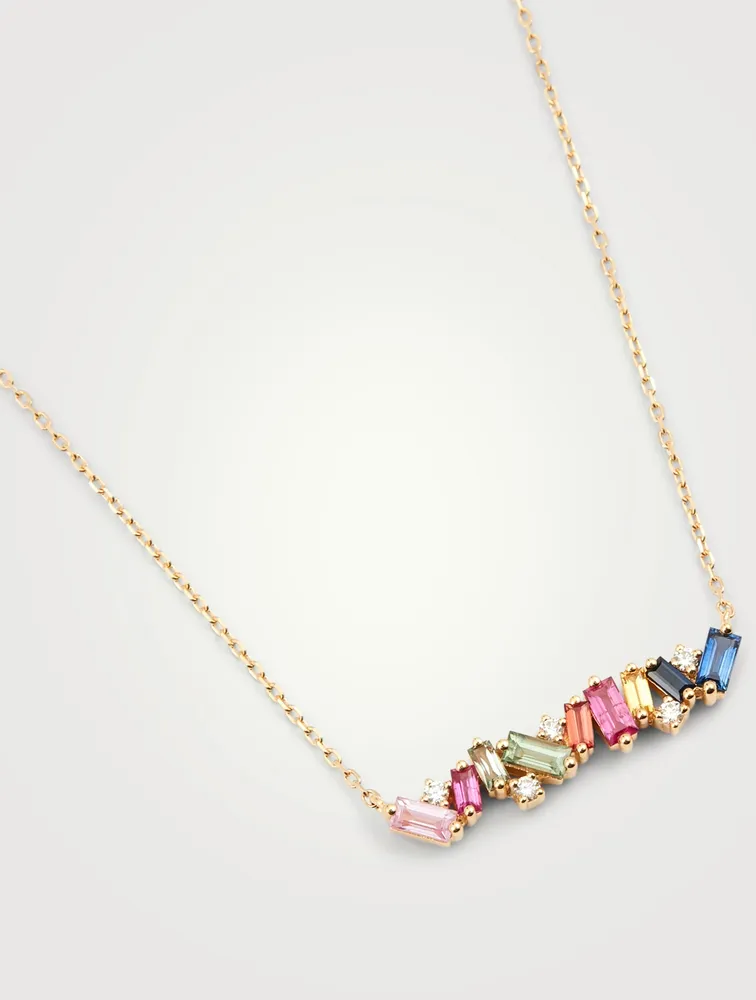 Rainbow Fireworks 18K Gold Bar Necklace With Diamonds And Sapphires