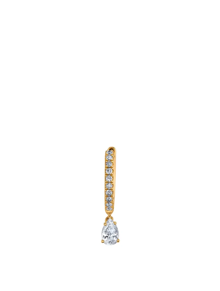 18K Gold Diamond Huggie Hoop Earring With Pear Diamond Drop