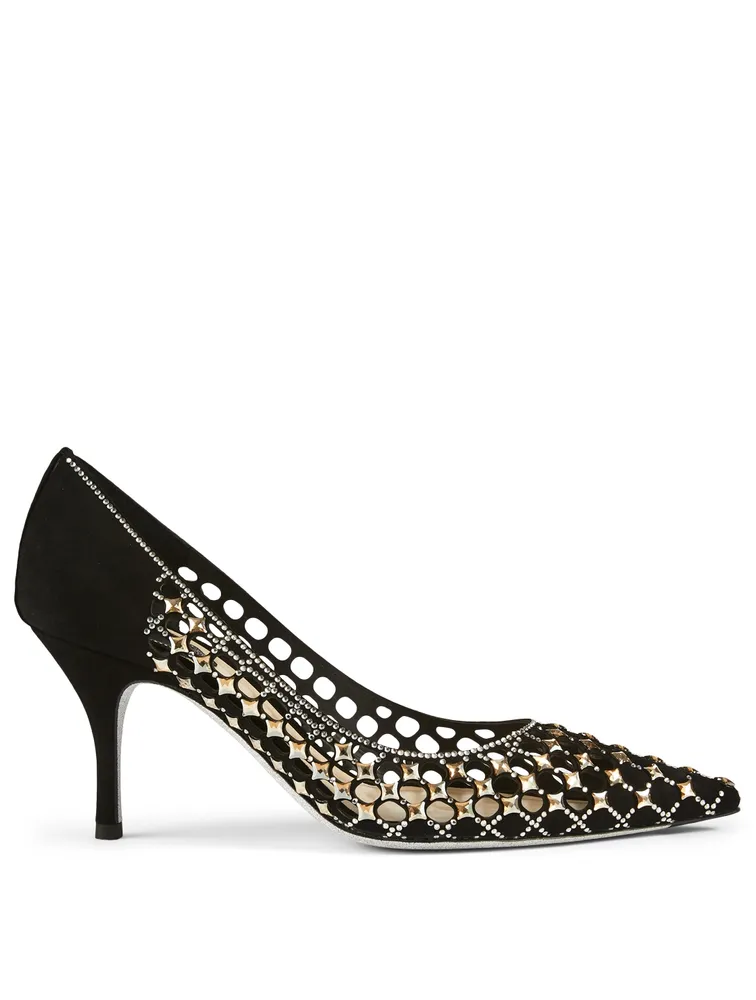 Caterina Cutout Crystal Suede Pumps