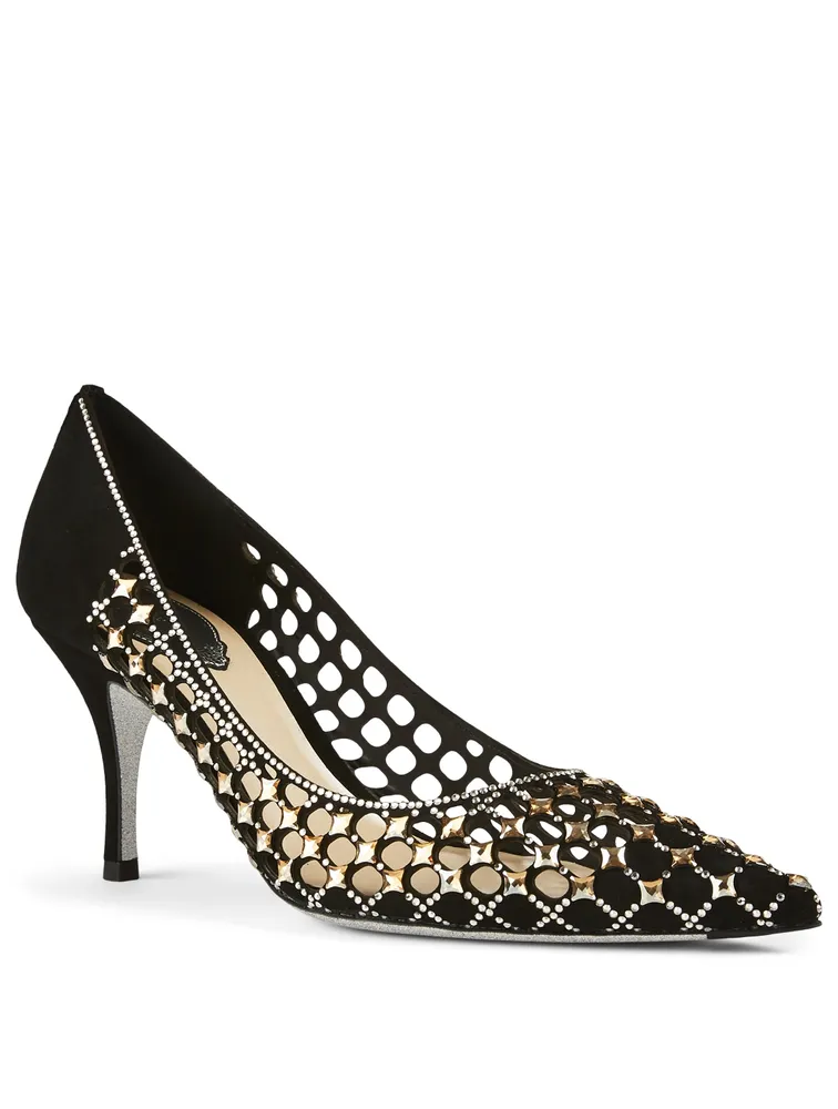 Caterina Cutout Crystal Suede Pumps