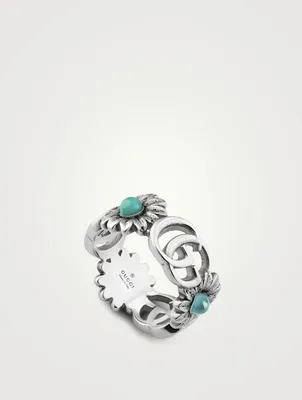 Interlocking G Sterling Silver Flower Ring With Mixed Stones