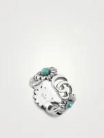 Interlocking G Sterling Silver Flower Ring With Mixed Stones