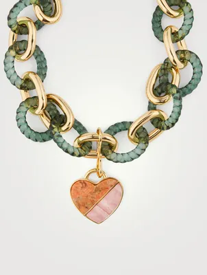 Mirorred Sea Heart Pendant Necklace With Coral And Pink Opal