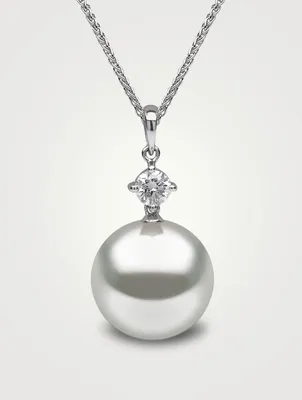 Classic 18K White Gold Pendant Necklace With Australian South Sea Pearl And Diamond