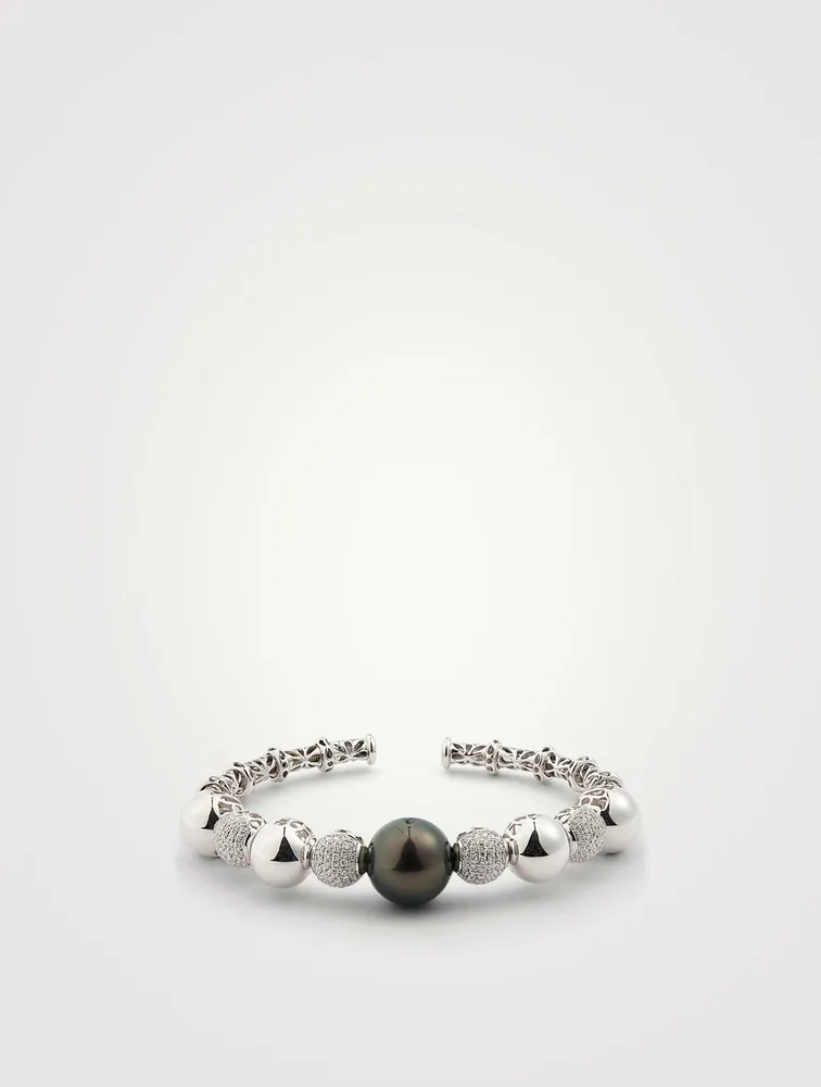 Twilight 18K White Gold Bangle Bracelet With Tahitian Pearl And Diamonds