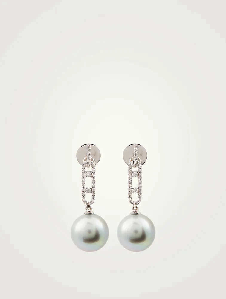 18K White Gold Tahitian Pearl Earrings With Diamonds