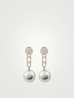 18K White Gold Tahitian Pearl Earrings With Diamonds