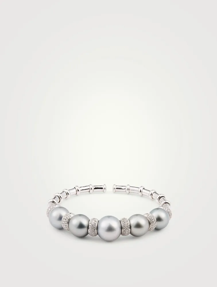 18K White Gold Bangle Bracelet With Tahitian Pearl And Diamonds