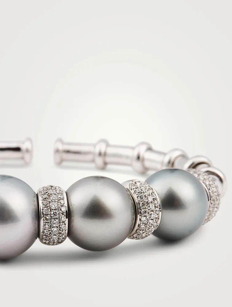 18K White Gold Bangle Bracelet With Tahitian Pearl And Diamonds