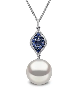 18K White Gold Pendant Necklace With Australian South Sea Pearl, Blue Sapphire And Diamonds