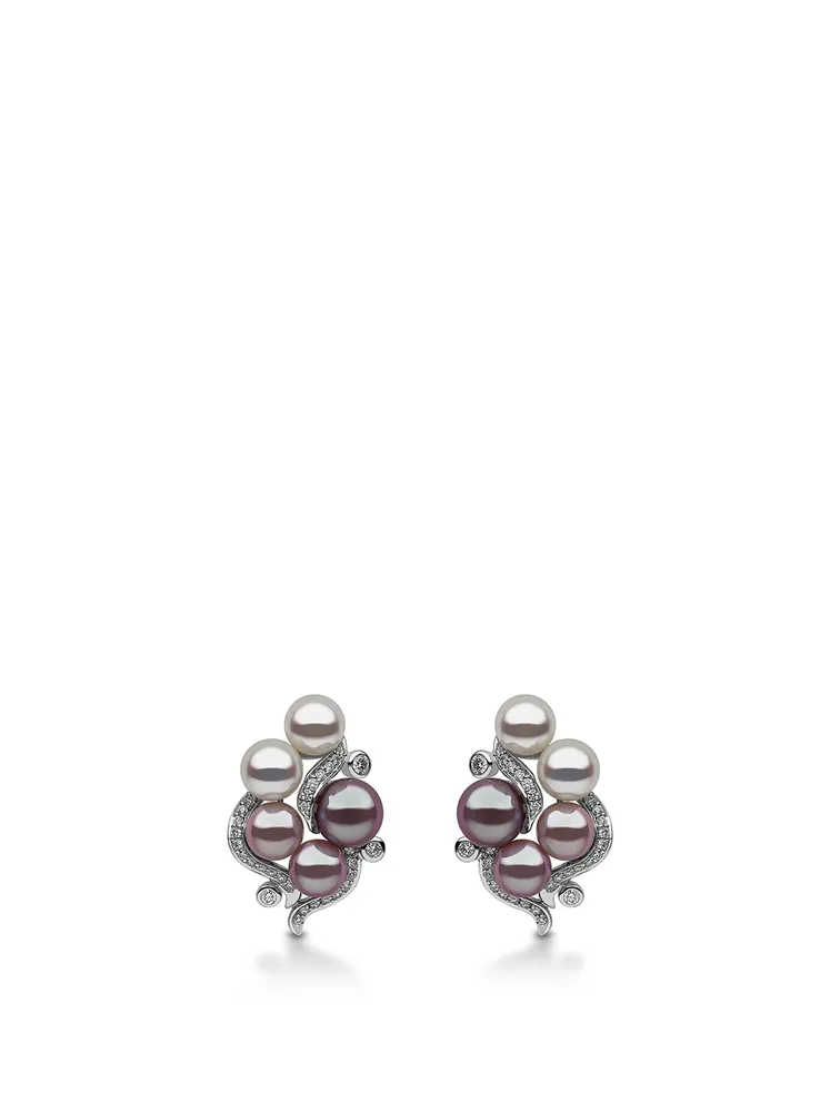 18K White Gold Multi Pearl Earrings With Diamonds