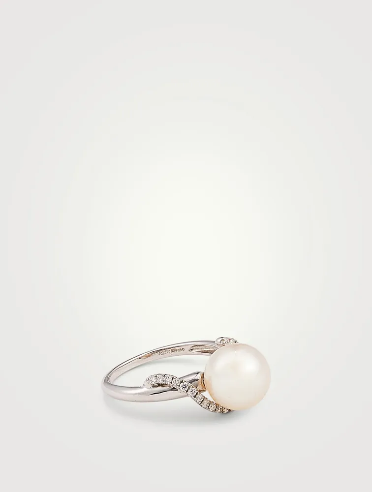 18K White Gold Akoya Pearl Ring With Diamonds