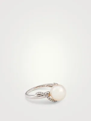 18K White Gold Akoya Pearl Ring With Diamonds