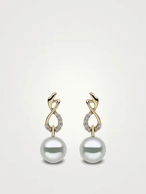 18K Gold Australian South Sea Pearl Earrings With Diamonds