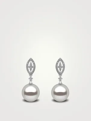 18K White Gold Australian South Sea Pearl Earrings With Diamonds