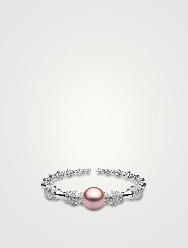 18K White Gold Bangle Bracelet With Pearl And Diamonds