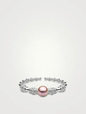 18K White Gold Bangle Bracelet With Pearl And Diamonds