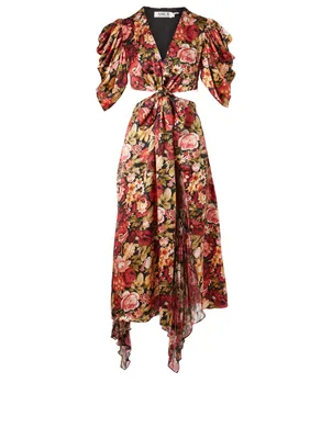 Aspen Silk Ruched Sleeve Midi Dress Floral Print