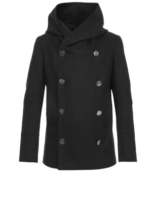 Wool-Blend Double-Breasted Pea Coat With Hood