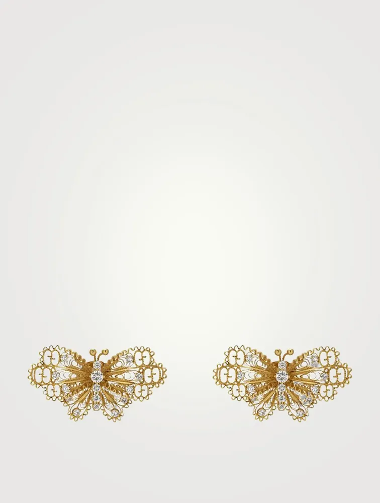 18K Gold Butterfly Stud Earrings With Diamonds