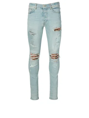 Distressed Jeans With Banana Leaves Panel