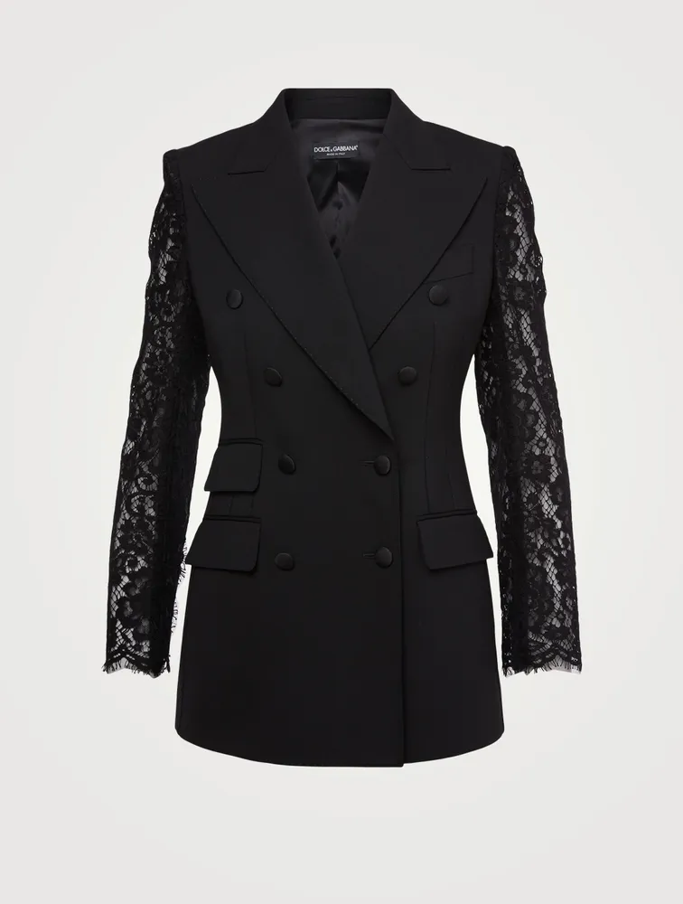 Wool Double-Breasted Blazer With Lace Sleeve