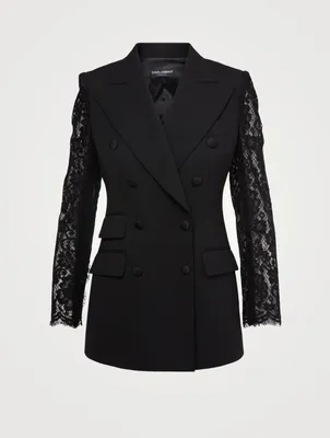 Wool Double-Breasted Blazer With Lace Sleeve