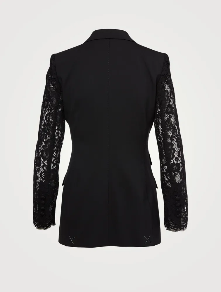 Wool Double-Breasted Blazer With Lace Sleeve
