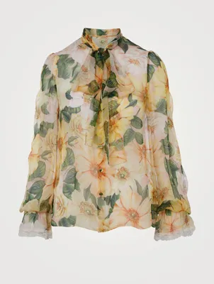 Silk-Blend Neck-Tie Blouse Floral Print