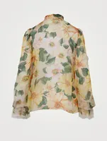 Silk-Blend Neck-Tie Blouse Floral Print