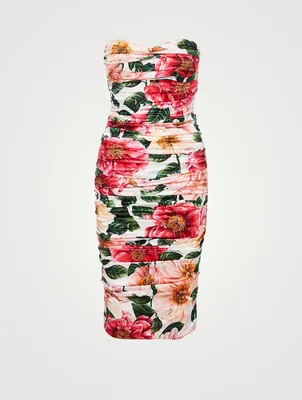 Silk Stretch Strapless Midi Dress Floral Print