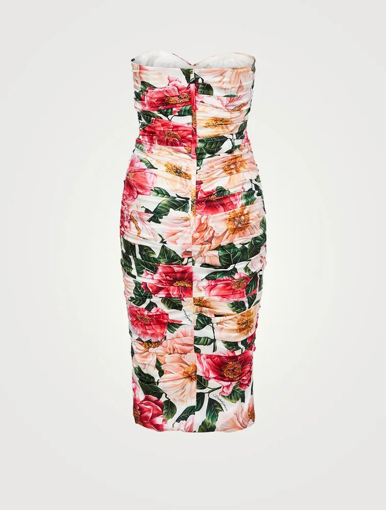 Silk Stretch Strapless Midi Dress Floral Print