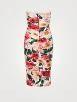 Silk Stretch Strapless Midi Dress Floral Print