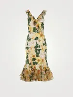 Charmeuse Organza Midi Dress Floral Print