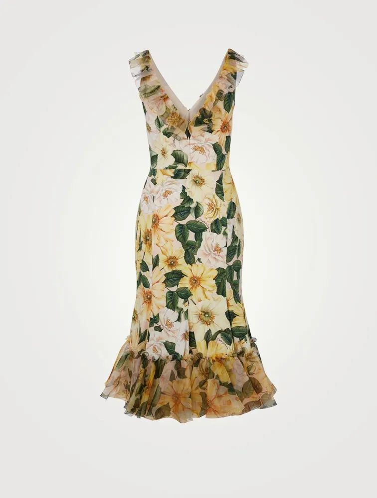 Charmeuse Organza Midi Dress Floral Print