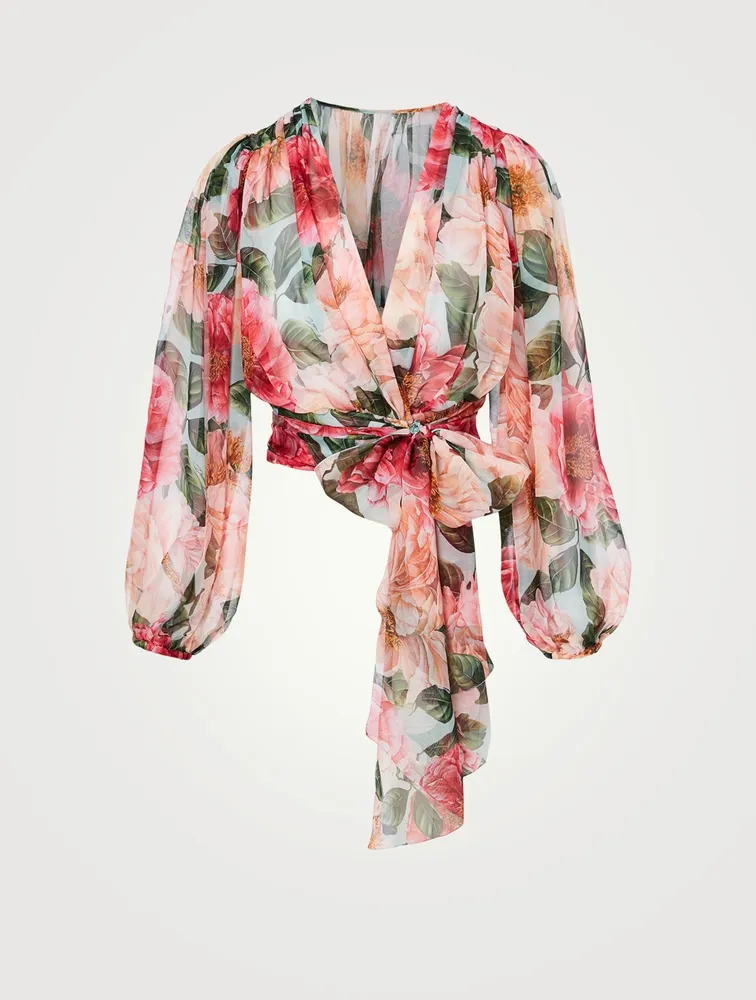 Silk Wrap Blouse Floral Print