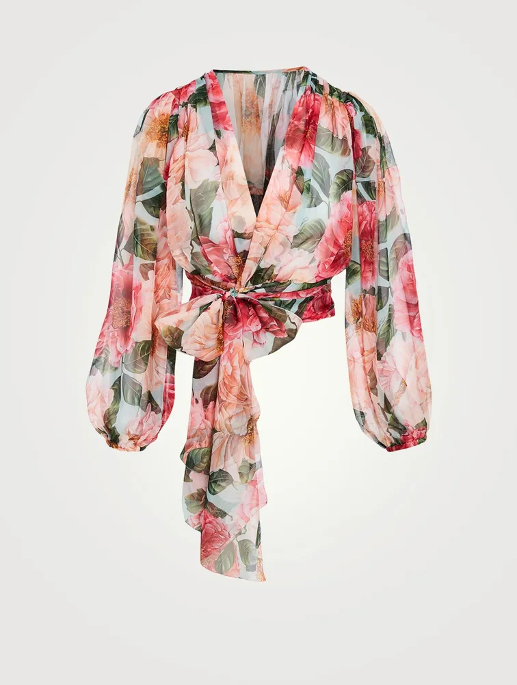 Silk Wrap Blouse Floral Print