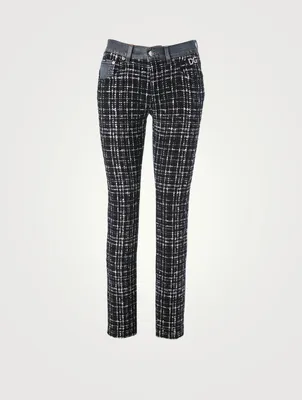 Tweed-Front Skinny Jeans