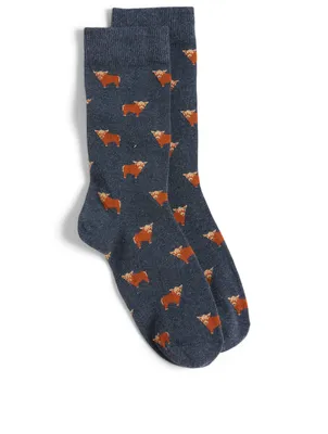 Combed Cotton Socks In Scottish Highland Cow Print