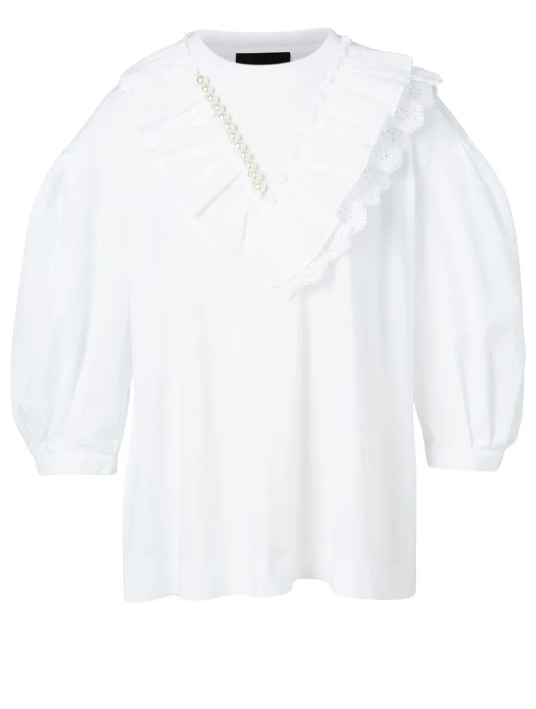 V-Frill Puff-Sleeve Top With Beading