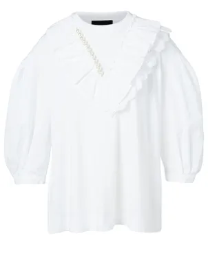 V-Frill Puff-Sleeve Top With Beading