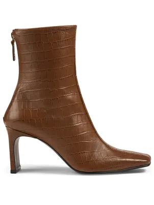 Trim Croc-Embossed Leather Heeled Ankle Boots