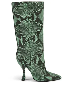 Snakeskin-Embossed Leather Heeled Knee-High Boots