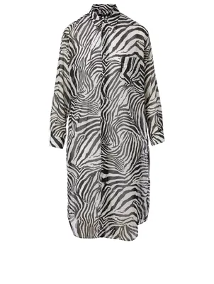 Semi-Sheer Midi Shirt Dress Zebra Print
