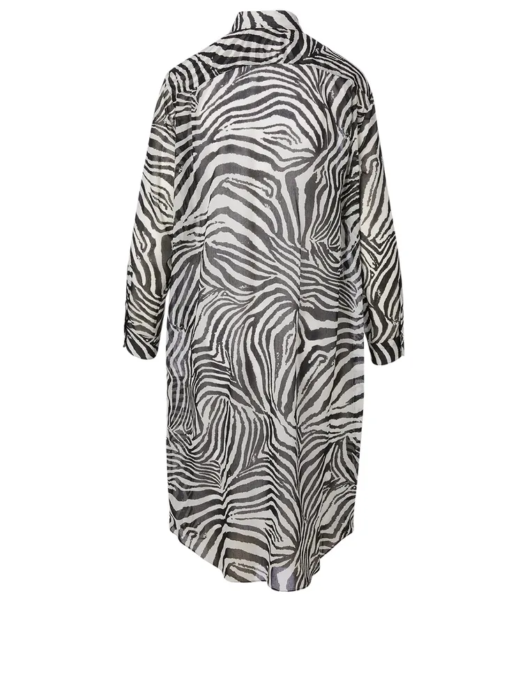 Semi-Sheer Midi Shirt Dress Zebra Print