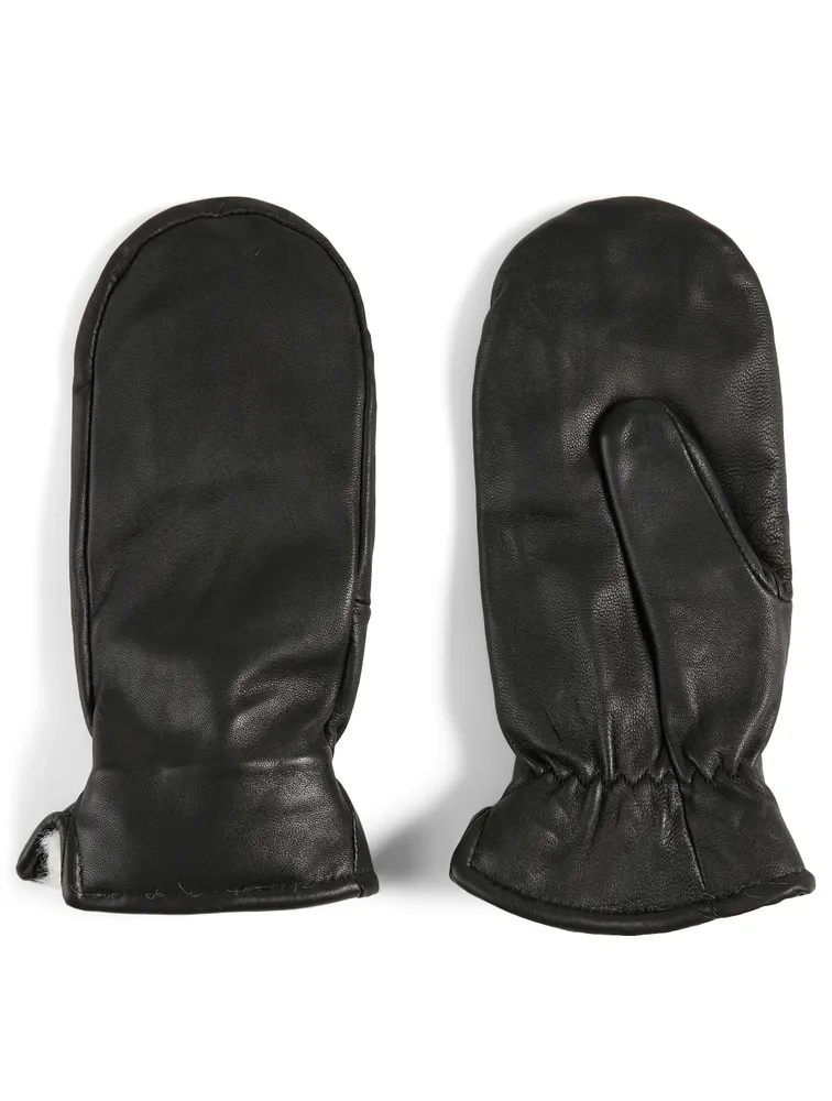 Slotted Leather Mittens With Faux Fur Lining