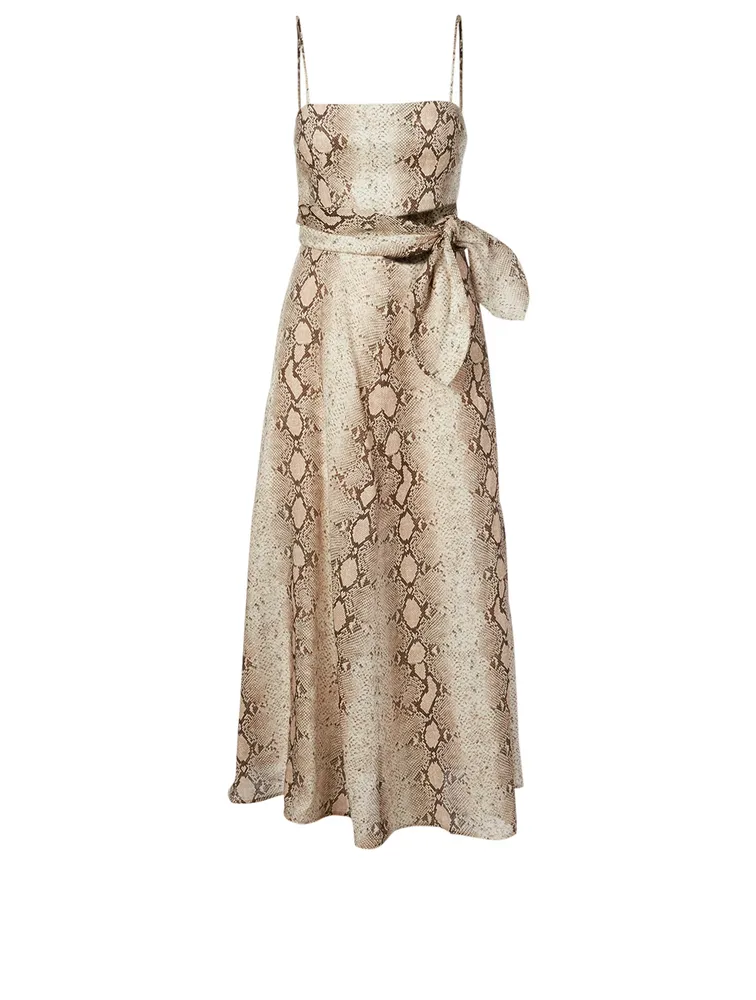 Bellitude Linen Midi Dress Snake Print