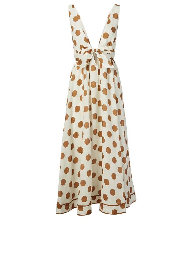 Empire Linen Tie-Front Midi Dress Polka Dot Print