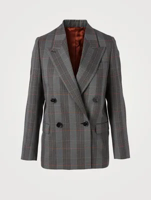 Wool-Blend Double-Breasted Blazer Check Print