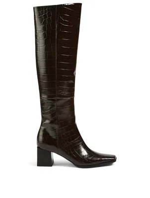 Croc-Embossed Leather Cube Heeled Knee-High Boots